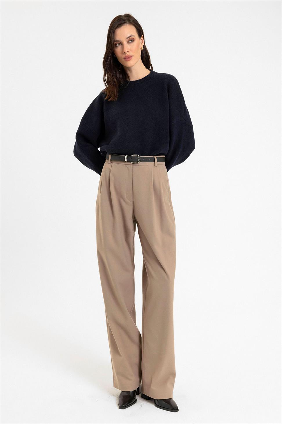 Antioch Bej Kadın Yüksek Bel Pens Detaylı Straight Fit Pantolon