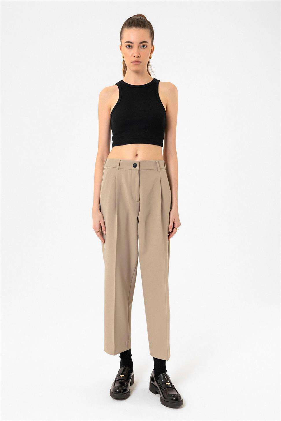 Antioch Bej Kadın Yüksek Bel Straight Fit Kısa Pantolon