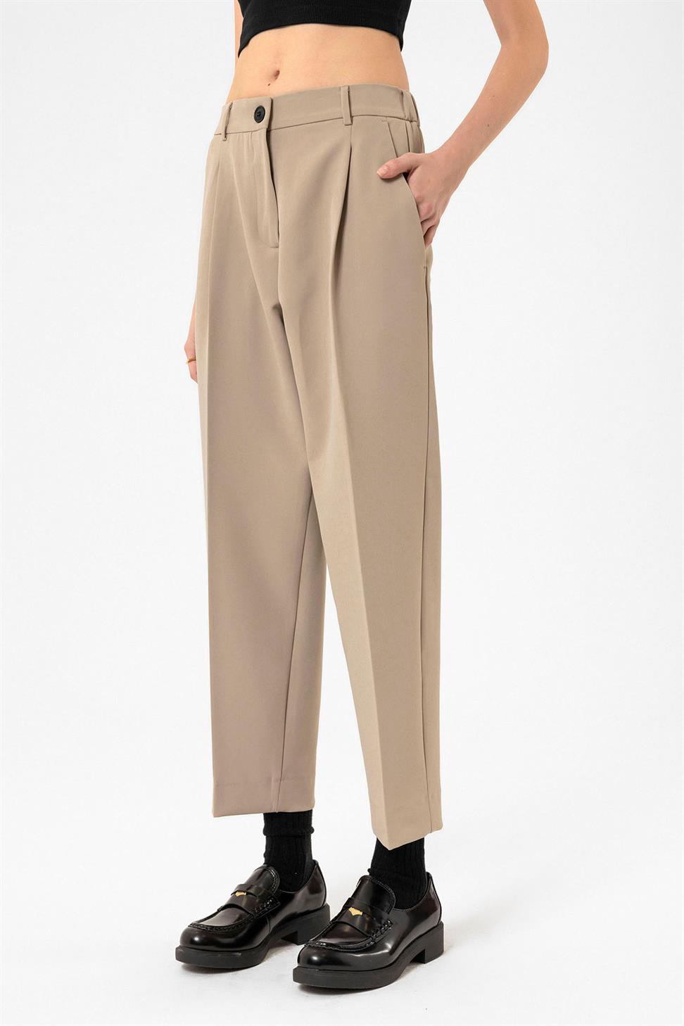 Antioch Bej Kadın Yüksek Bel Straight Fit Kısa Pantolon