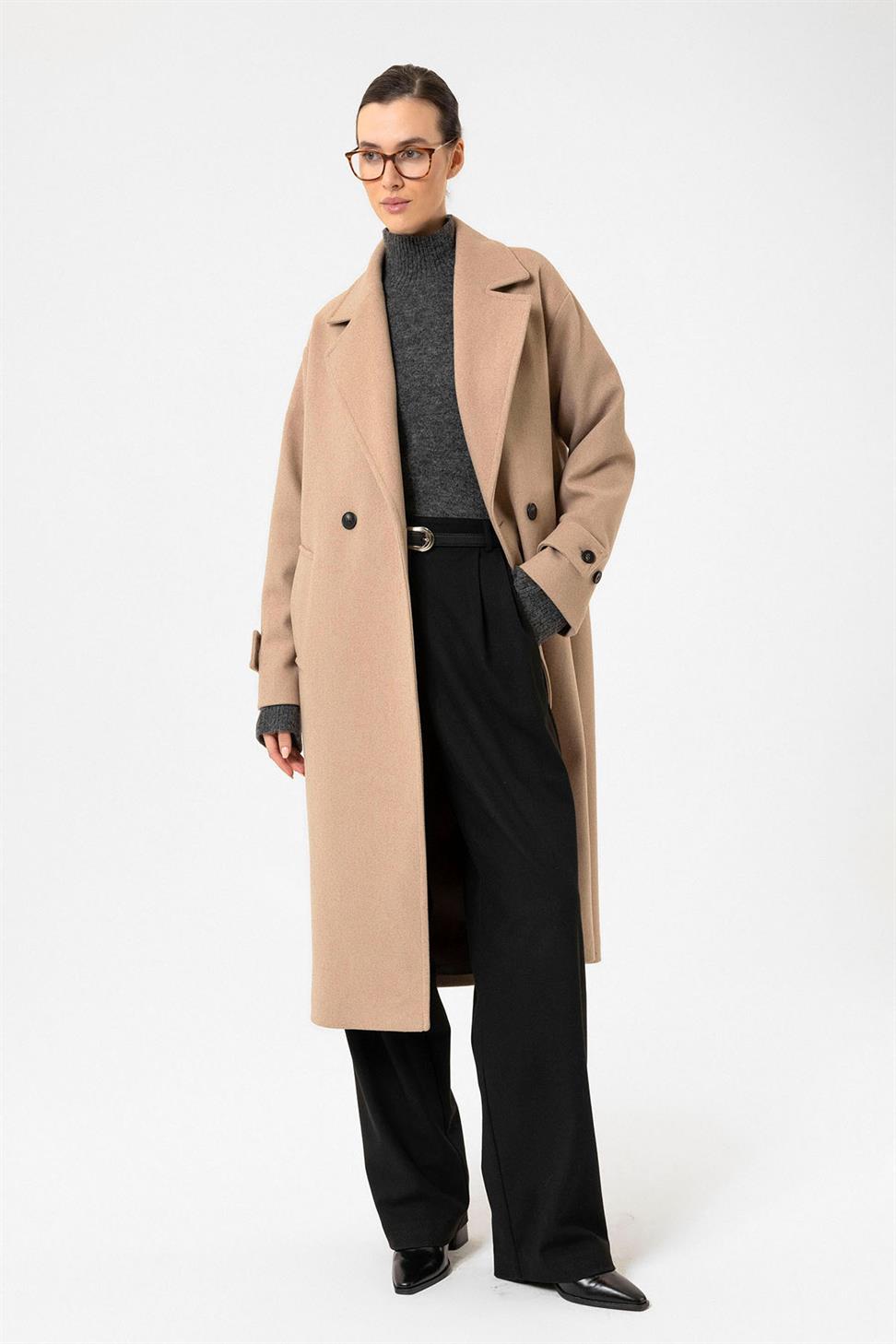 Antioch Bej Kadın Yumuşak Dokulu Oversize Kruvaze Kaban