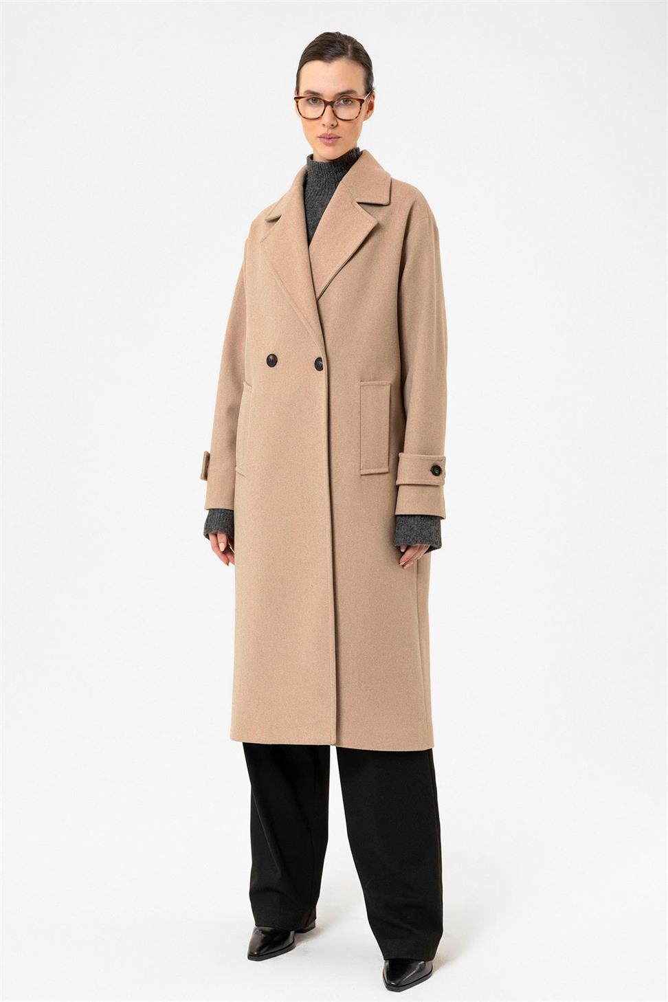 Antioch Bej Kadın Yumuşak Dokulu Oversize Kruvaze Kaban