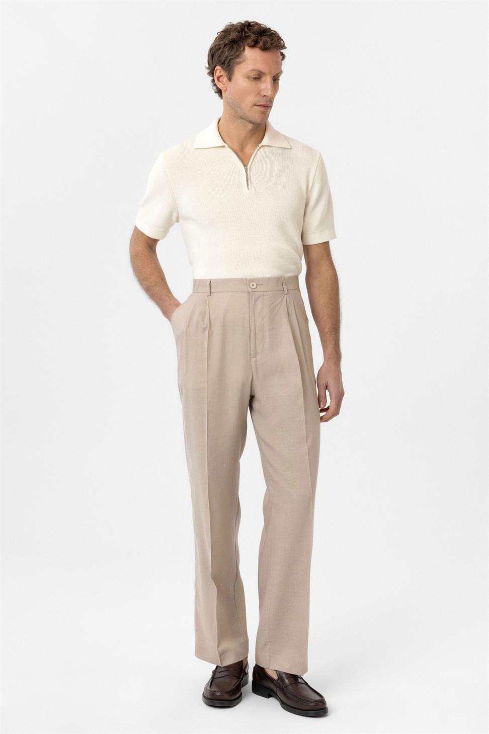 Antioch Bej Keten Karışımlı Erkek Baggy Pantolon