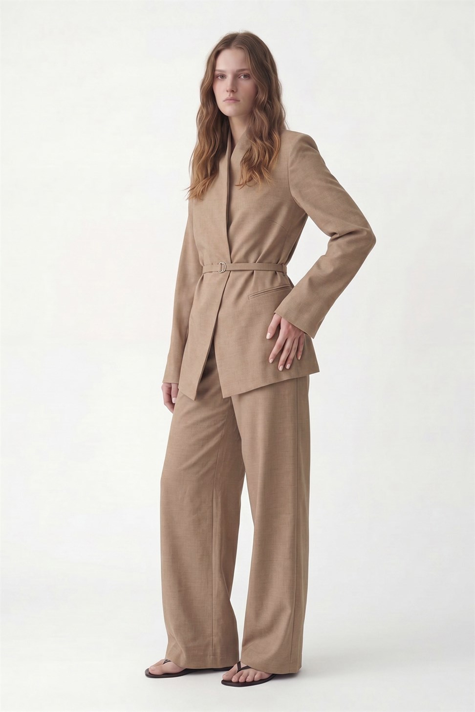 Antioch Bej Keten Karışımlı Kadın Blazer Ceket