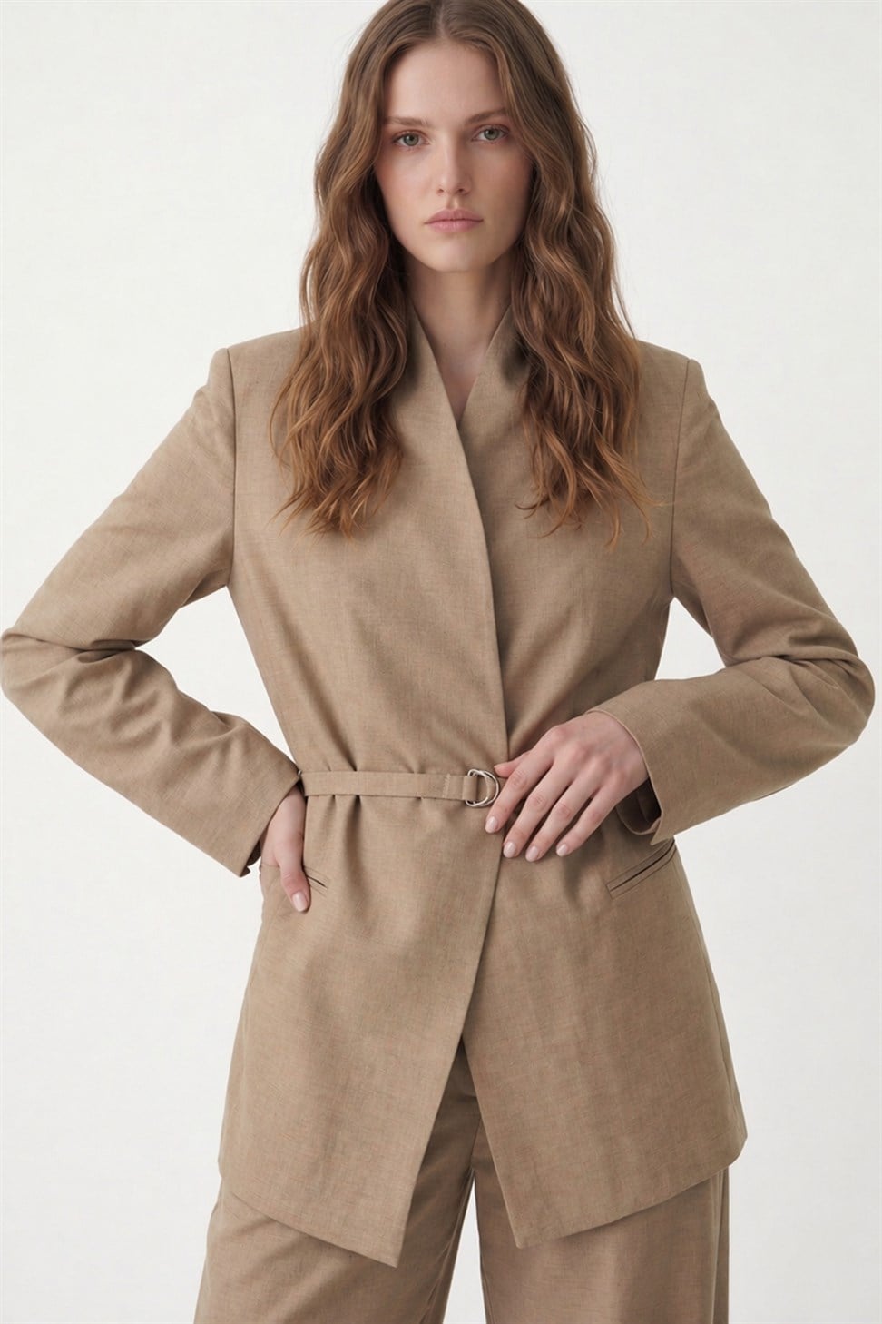 Antioch Bej Keten Karışımlı Kadın Blazer Ceket