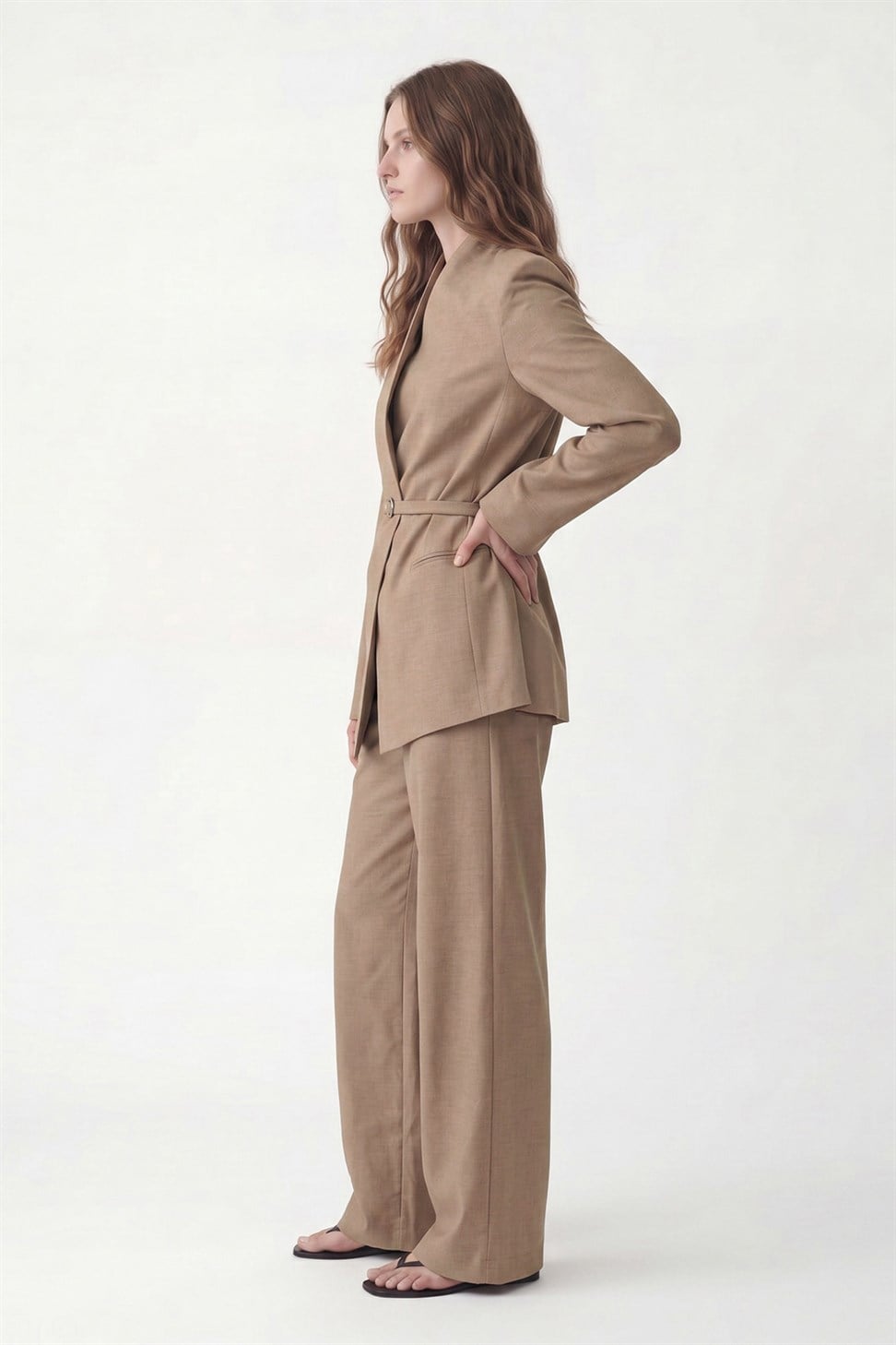 Antioch Bej Keten Karışımlı Kadın Blazer Ceket