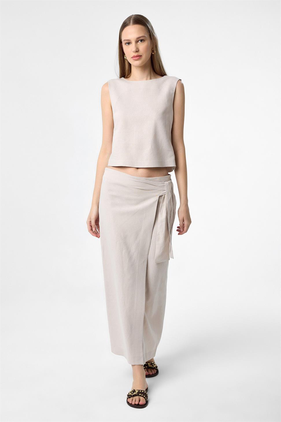 Antioch Bej Keten Karışımlı Kadın Bluz