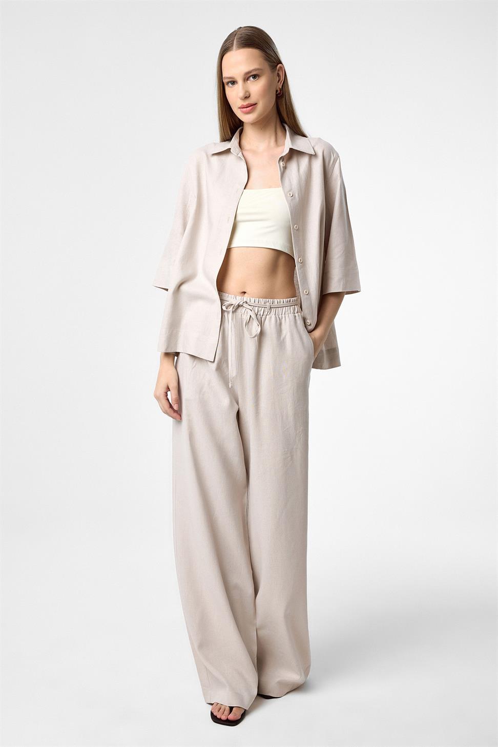 Antioch Bej Keten Karışımlı Kadın Pantolon