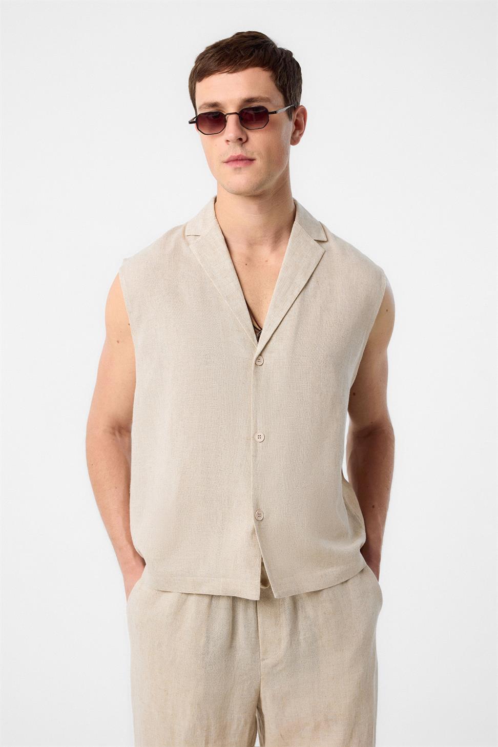 Linen Blend Sleeveless Mens Shirt
