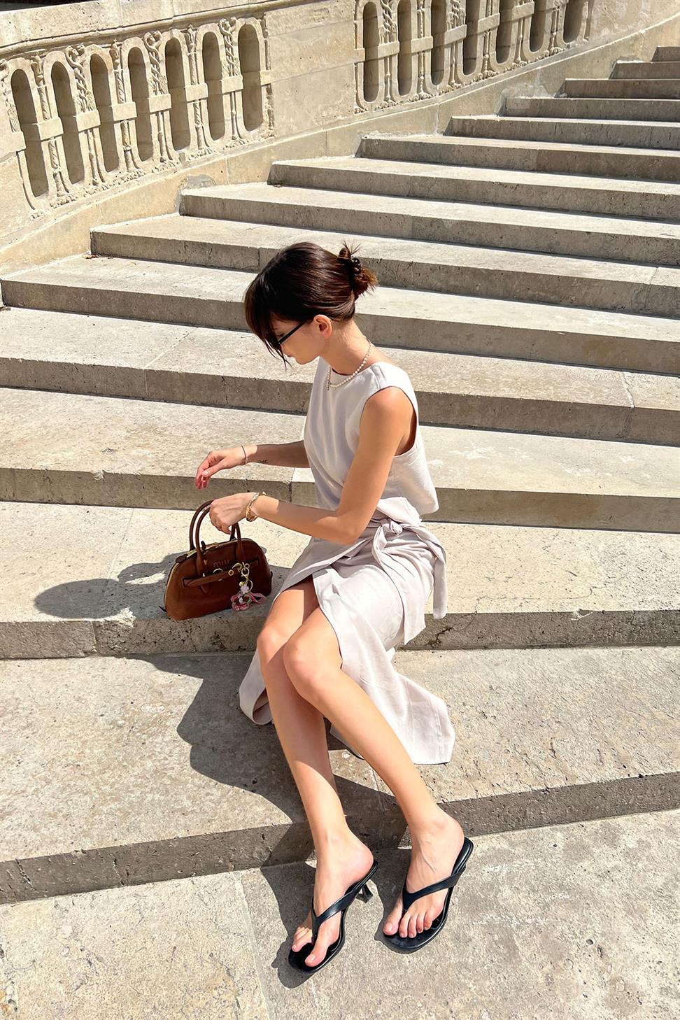 Antioch Bej Keten Karışımlı Kuşaklı Kadın Etek