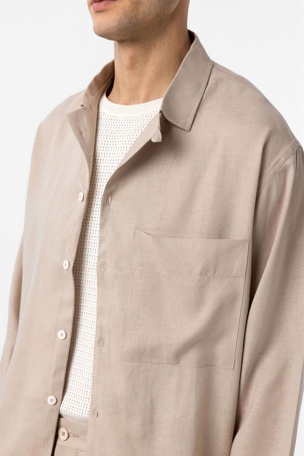 Antioch Bej Keten Karışımlı Relax Fit Erkek Gömlek