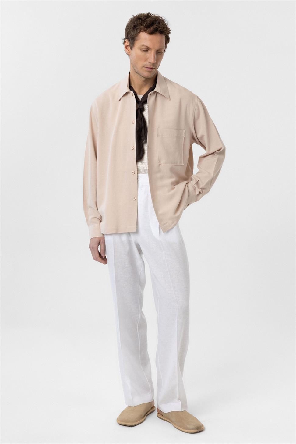 Antioch Bej Keten Karışımlı Relaxed Erkek Gömlek