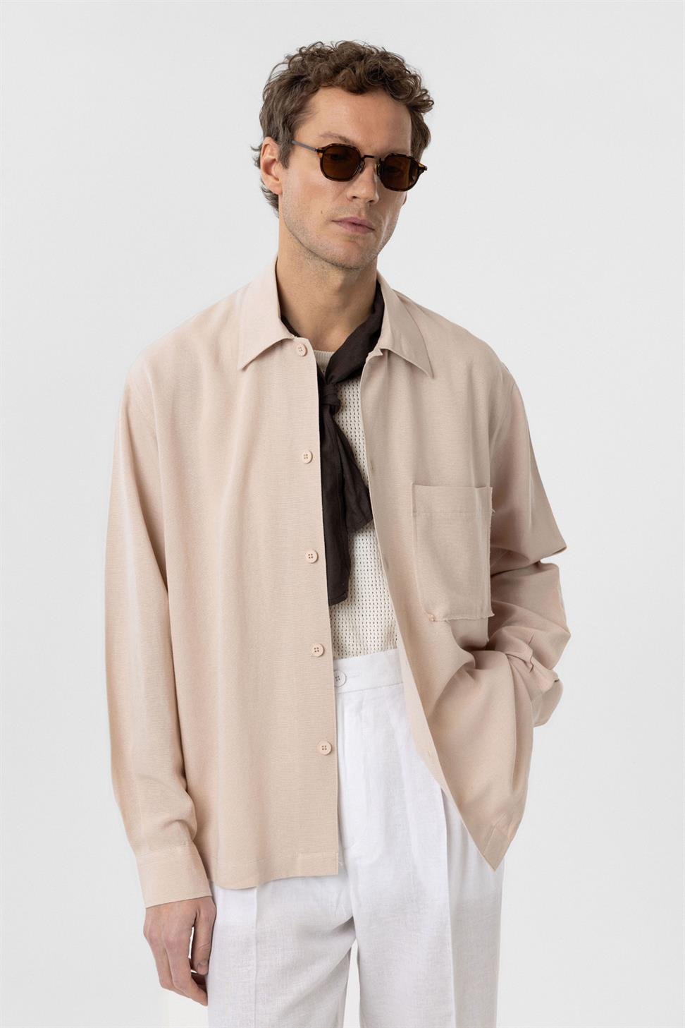 Antioch Bej Keten Karışımlı Relaxed Erkek Gömlek