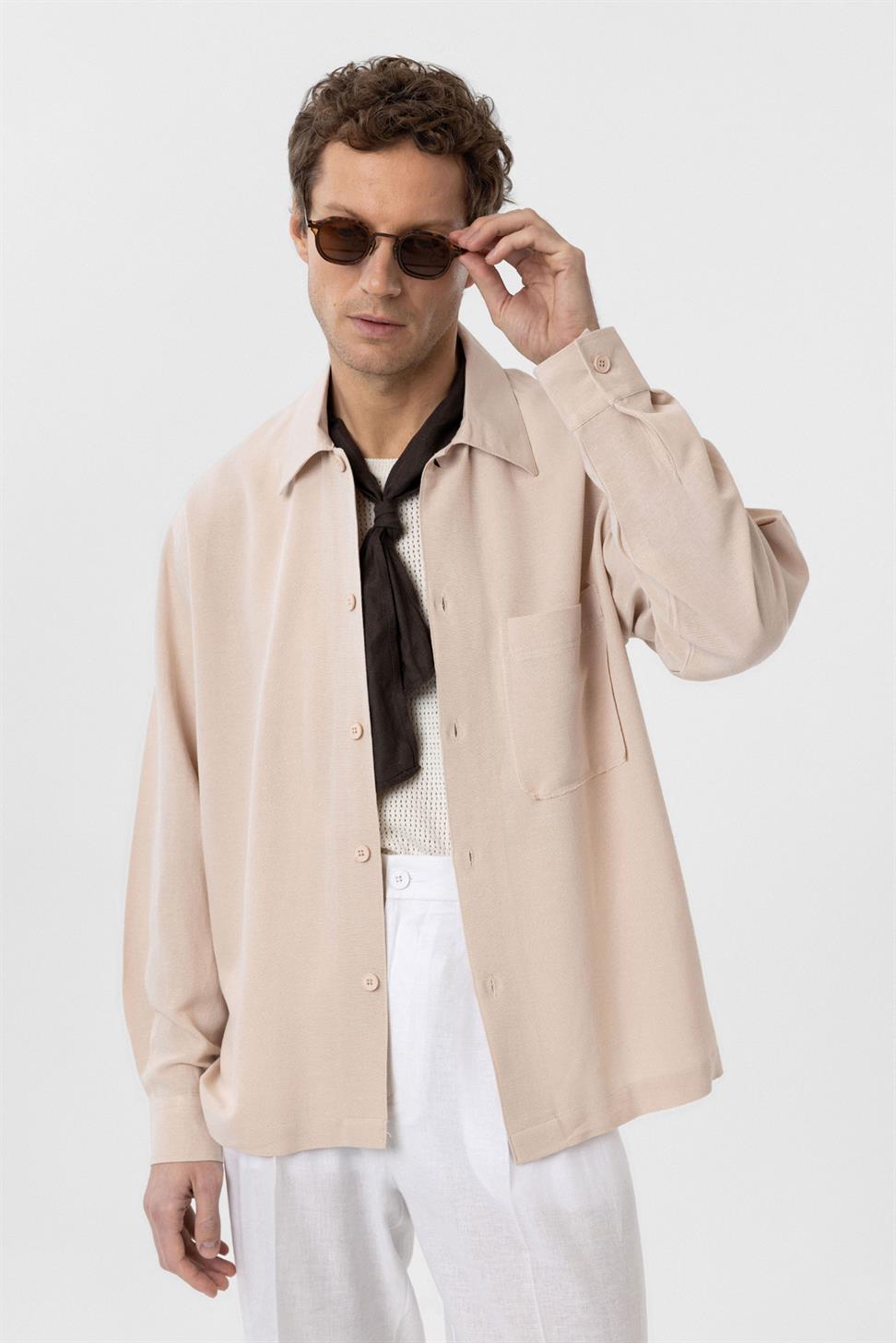 Antioch Bej Keten Karışımlı Relaxed Erkek Gömlek