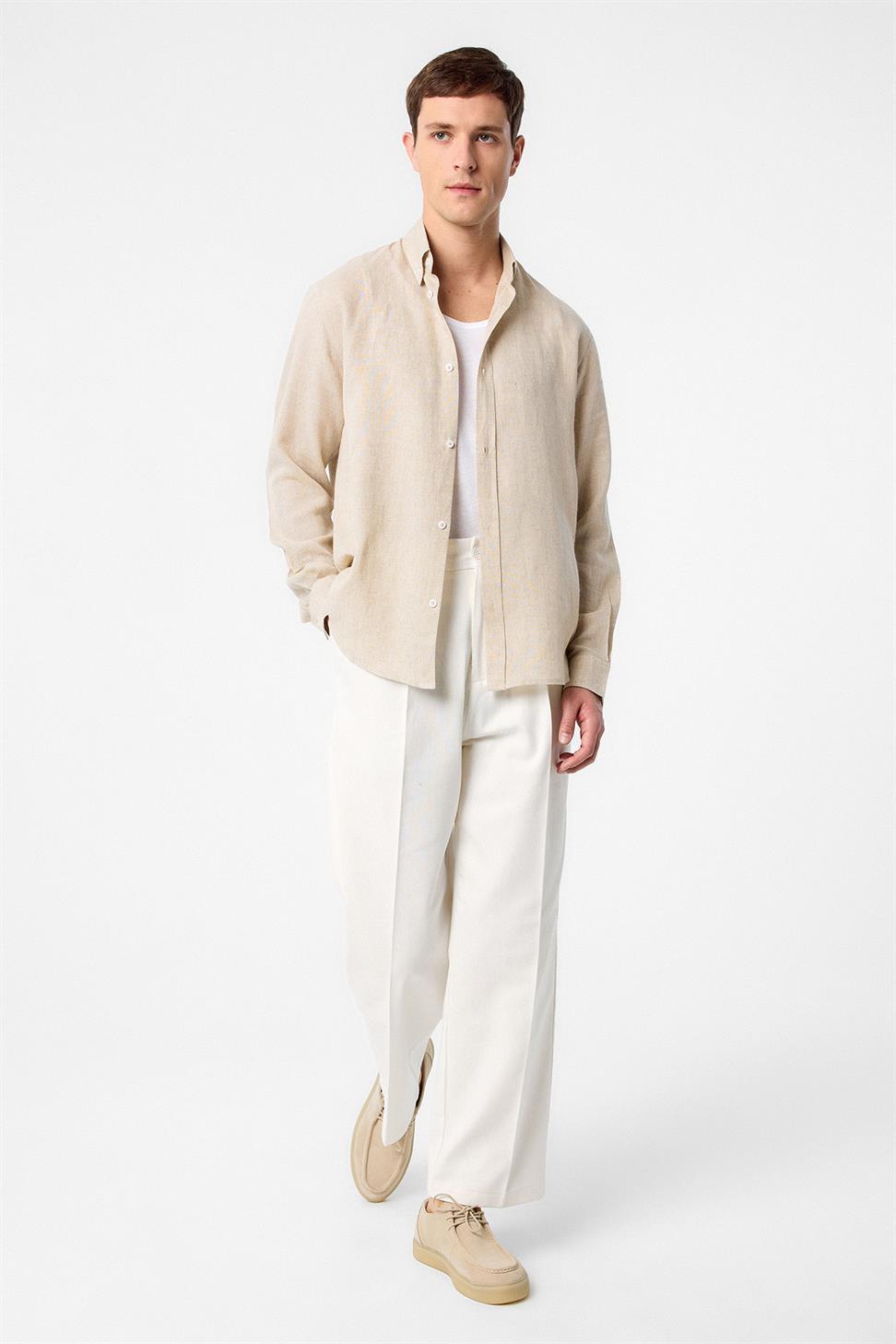 Antioch Bej Keten Karışımlı Yaka Düğmeli Erkek Gömlek