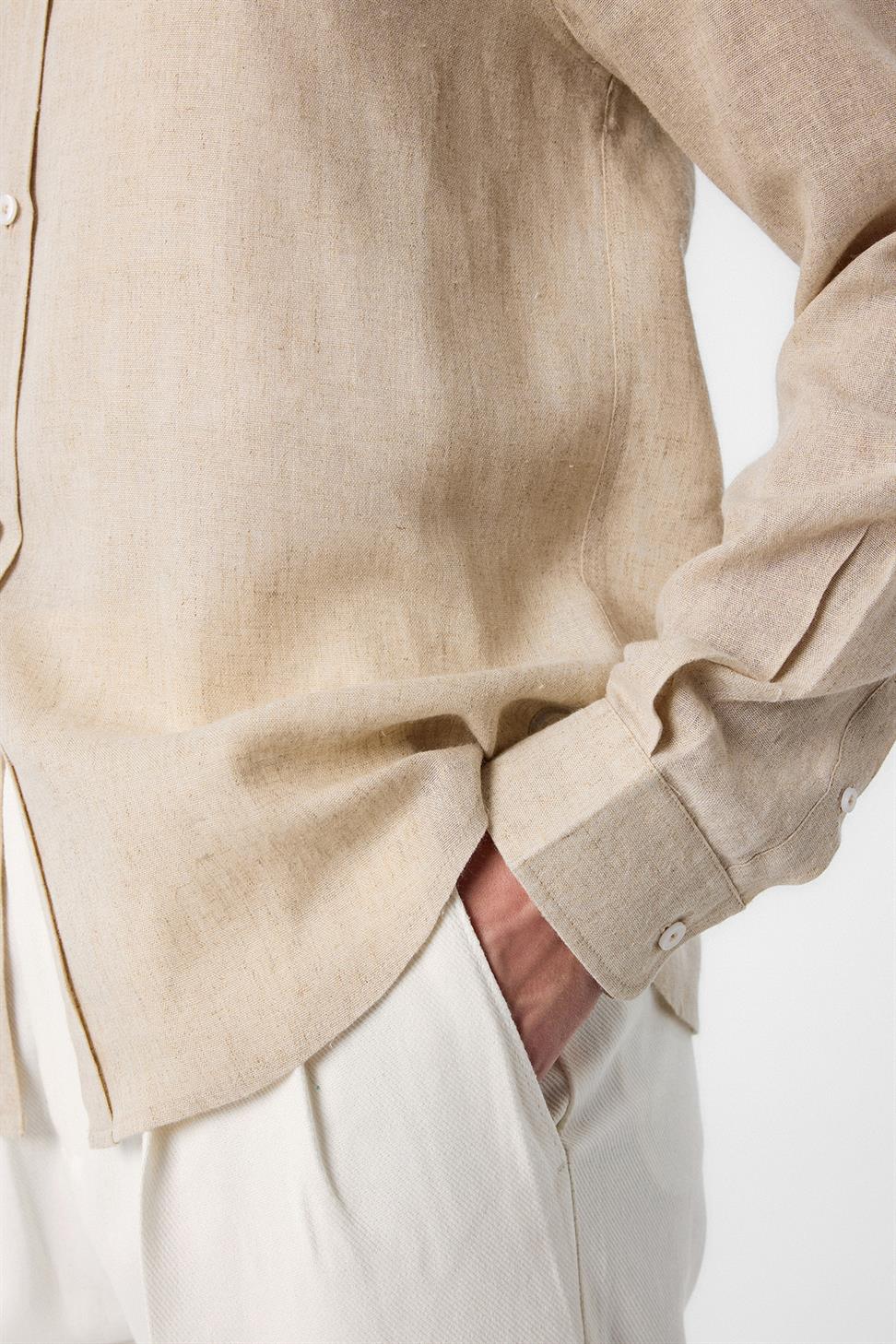 Antioch Bej Keten Karışımlı Yaka Düğmeli Erkek Gömlek