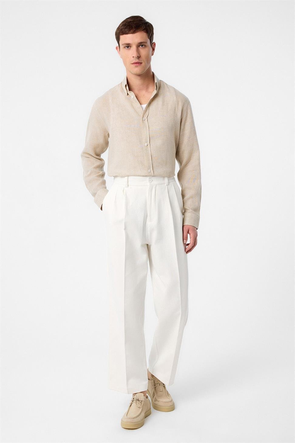Antioch Bej Keten Karışımlı Yaka Düğmeli Erkek Gömlek