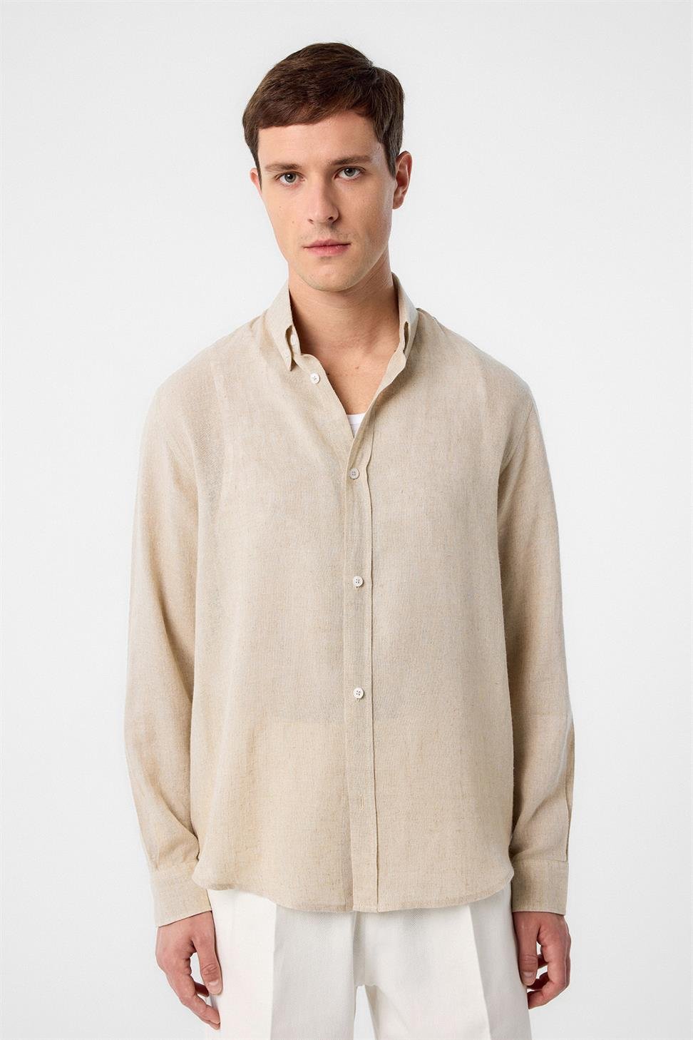 Antioch Bej Keten Karışımlı Yaka Düğmeli Erkek Gömlek