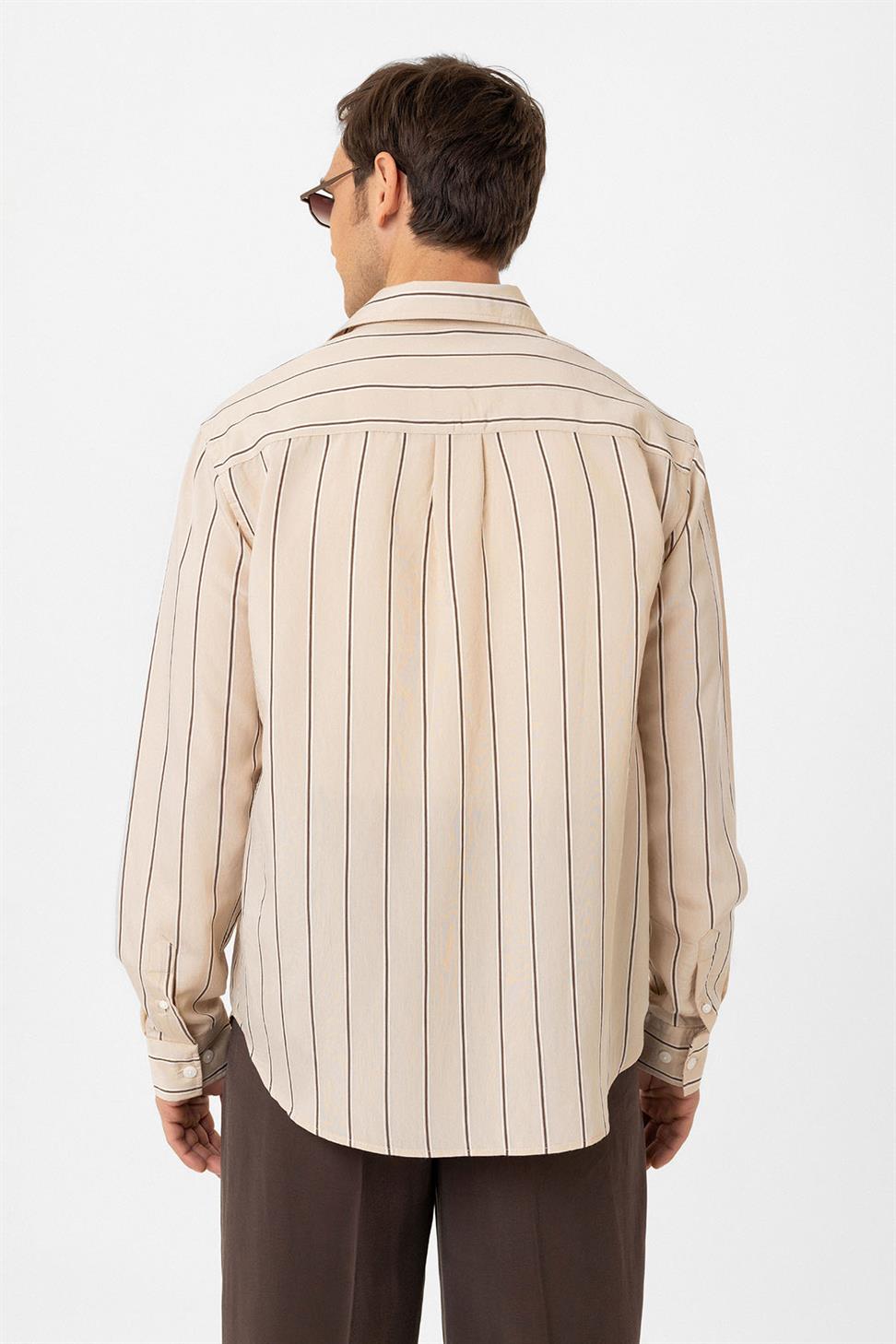 Antioch Bej Kontrast Çizgili Erkek Gömlek