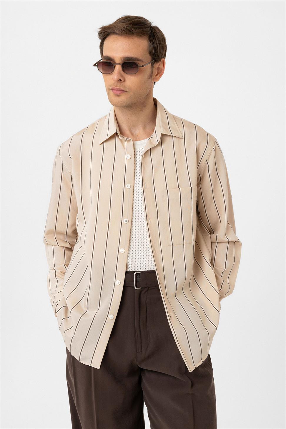 Antioch Bej Kontrast Çizgili Erkek Gömlek