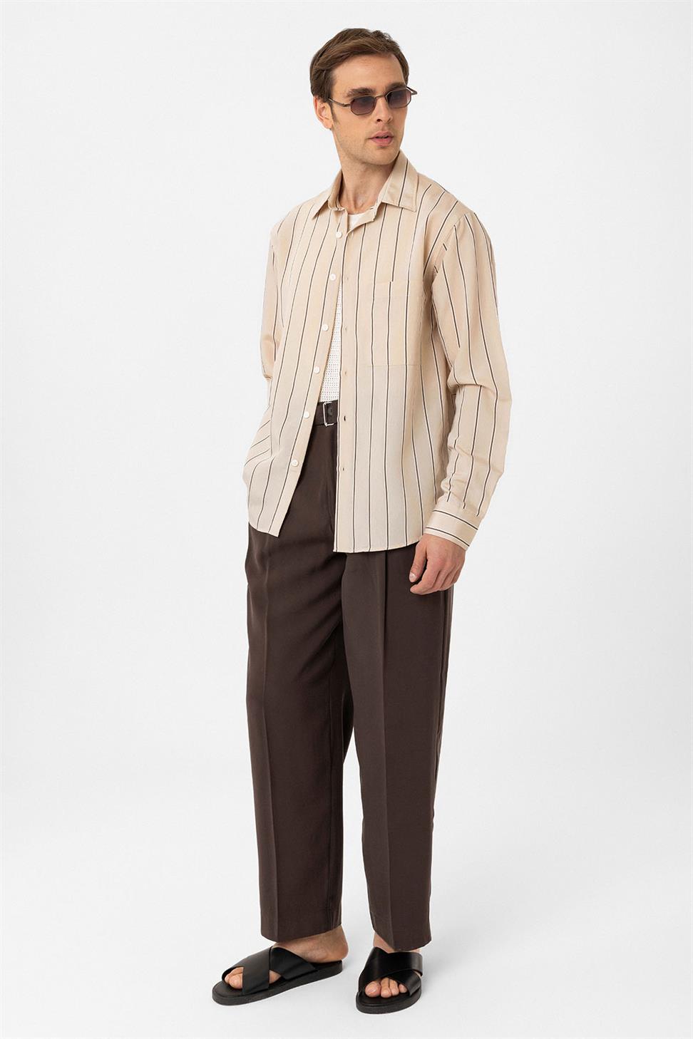 Antioch Bej Kontrast Çizgili Erkek Gömlek