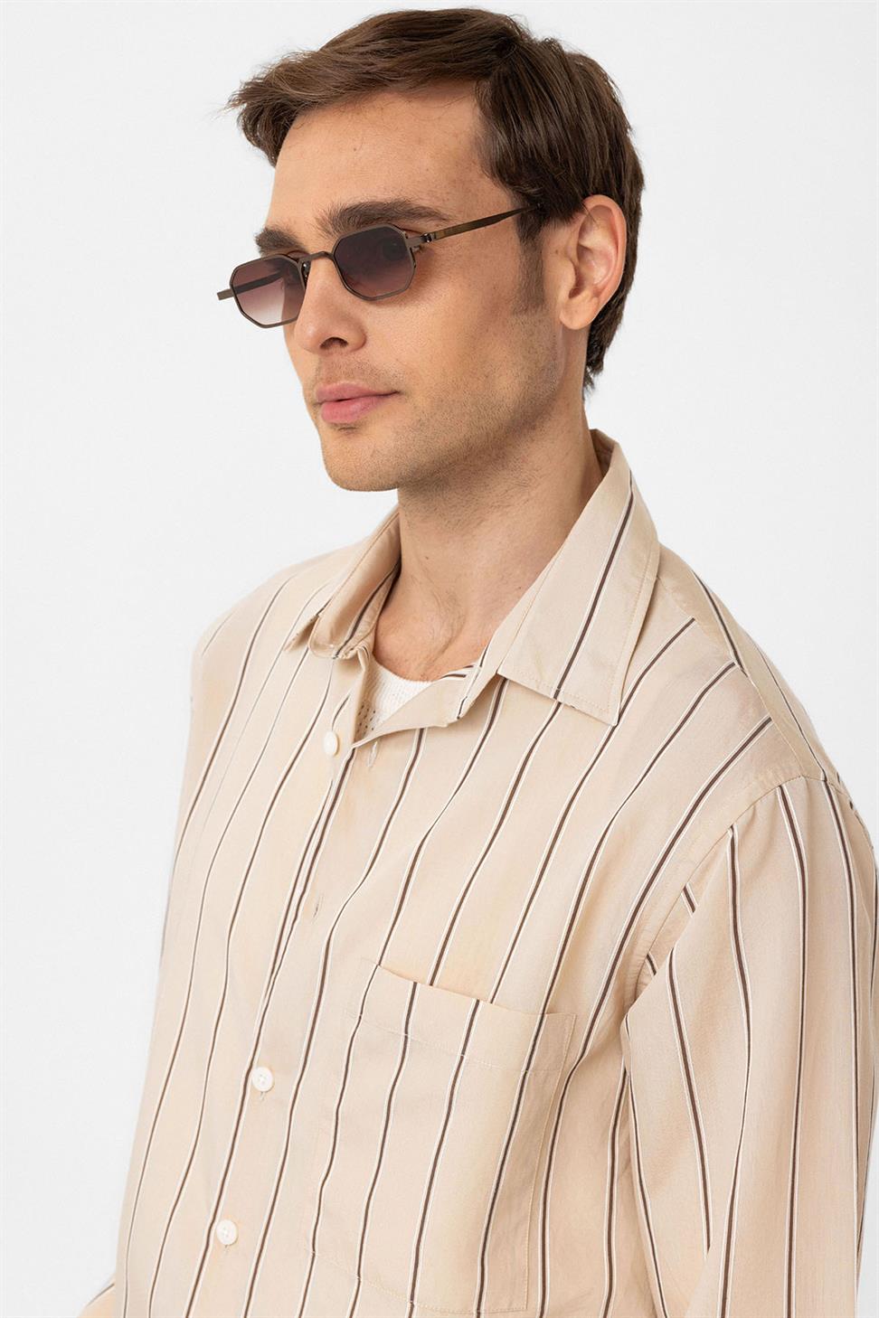 Antioch Bej Kontrast Çizgili Erkek Gömlek