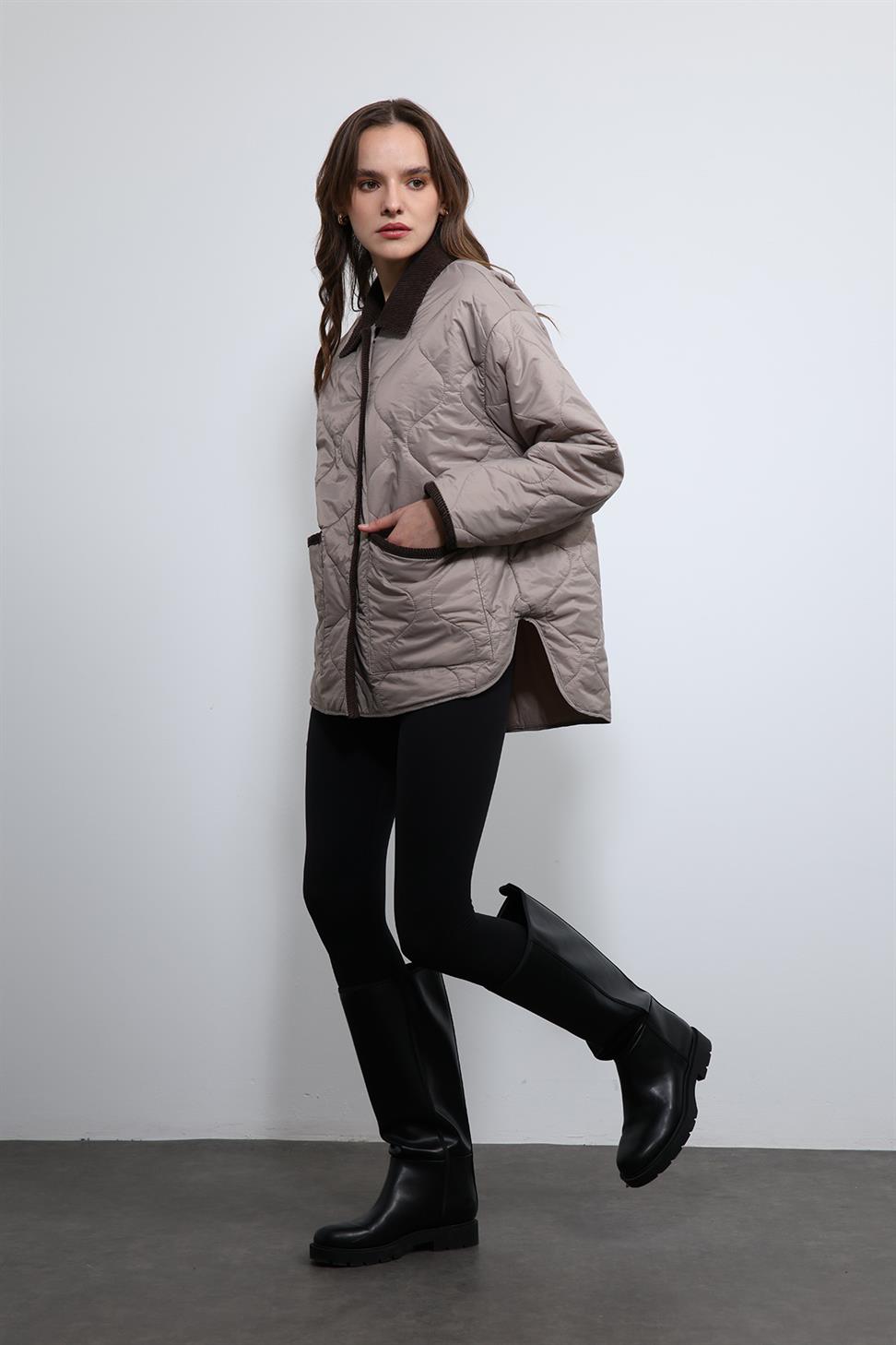 Antioch Bej Kontrast Yaka Desenli Mont