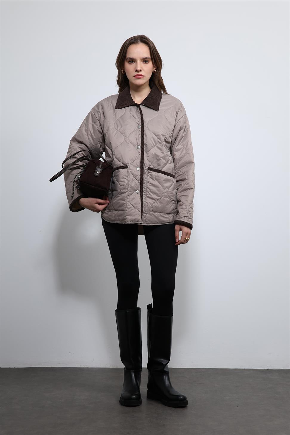 Antioch Bej Kontrast Yaka Desenli Mont