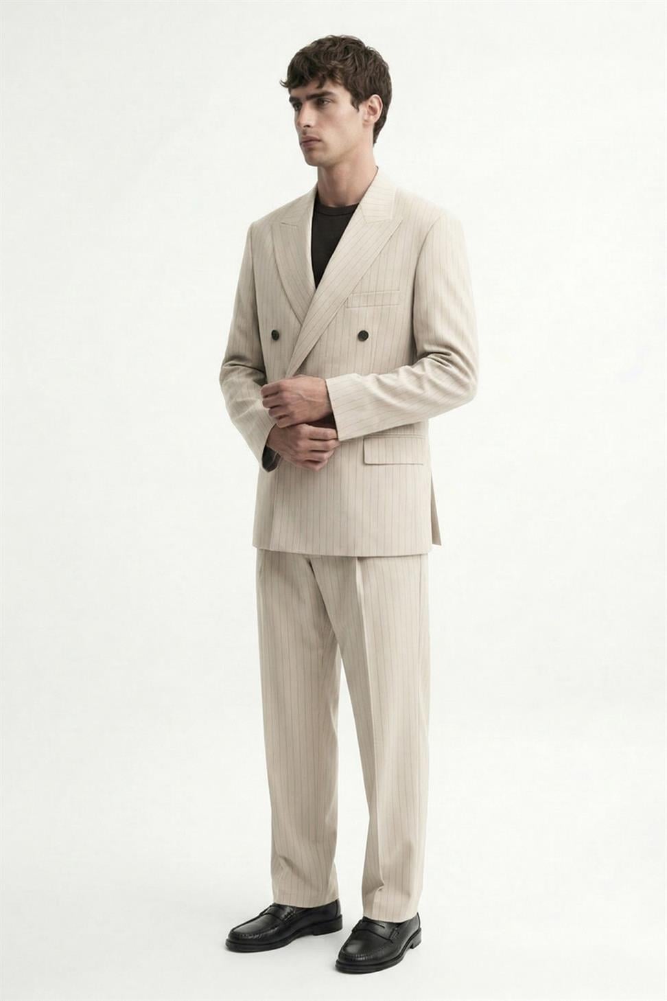 Antioch Bej Kruvaze Çizgili Erkek Takım Elbise