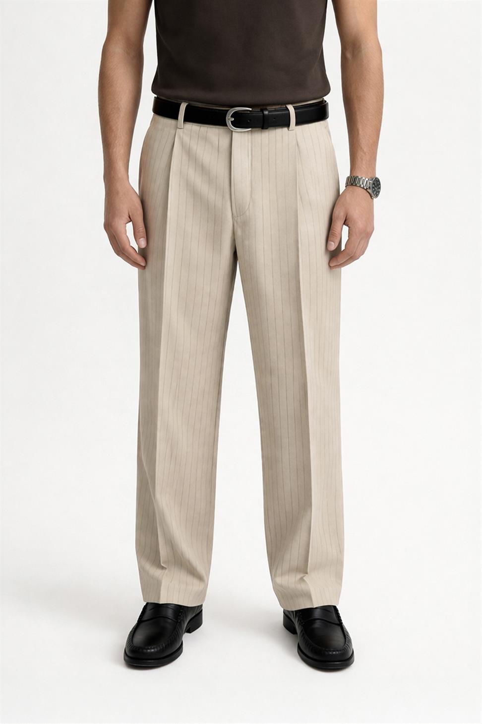 Antioch Bej Kruvaze Çizgili Erkek Takım Elbise