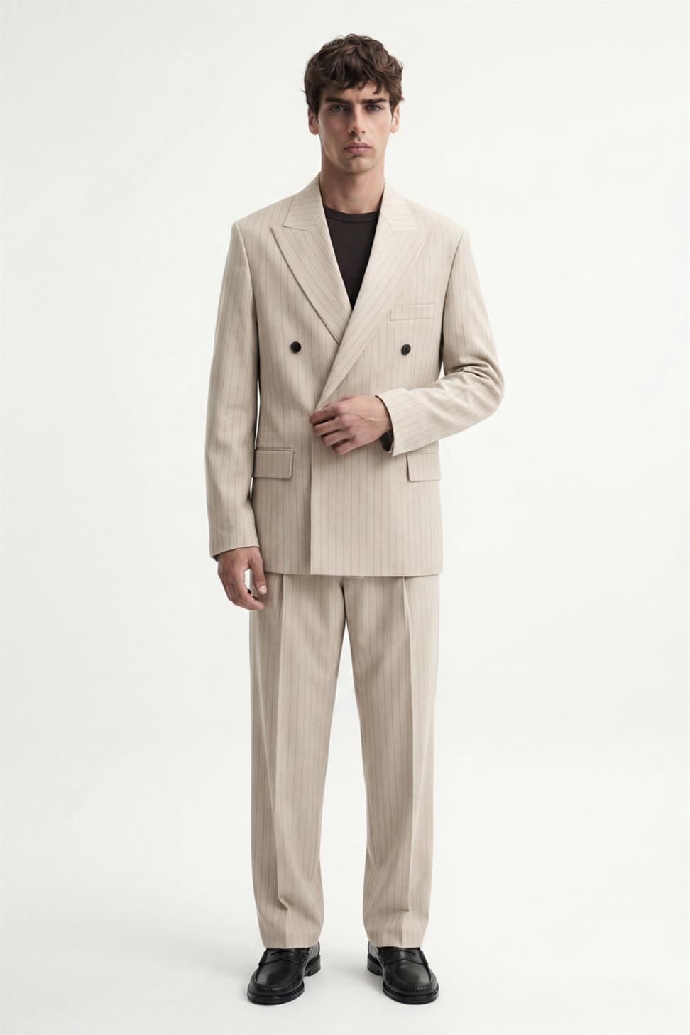 Antioch Bej Kruvaze Çizgili Erkek Takım Elbise