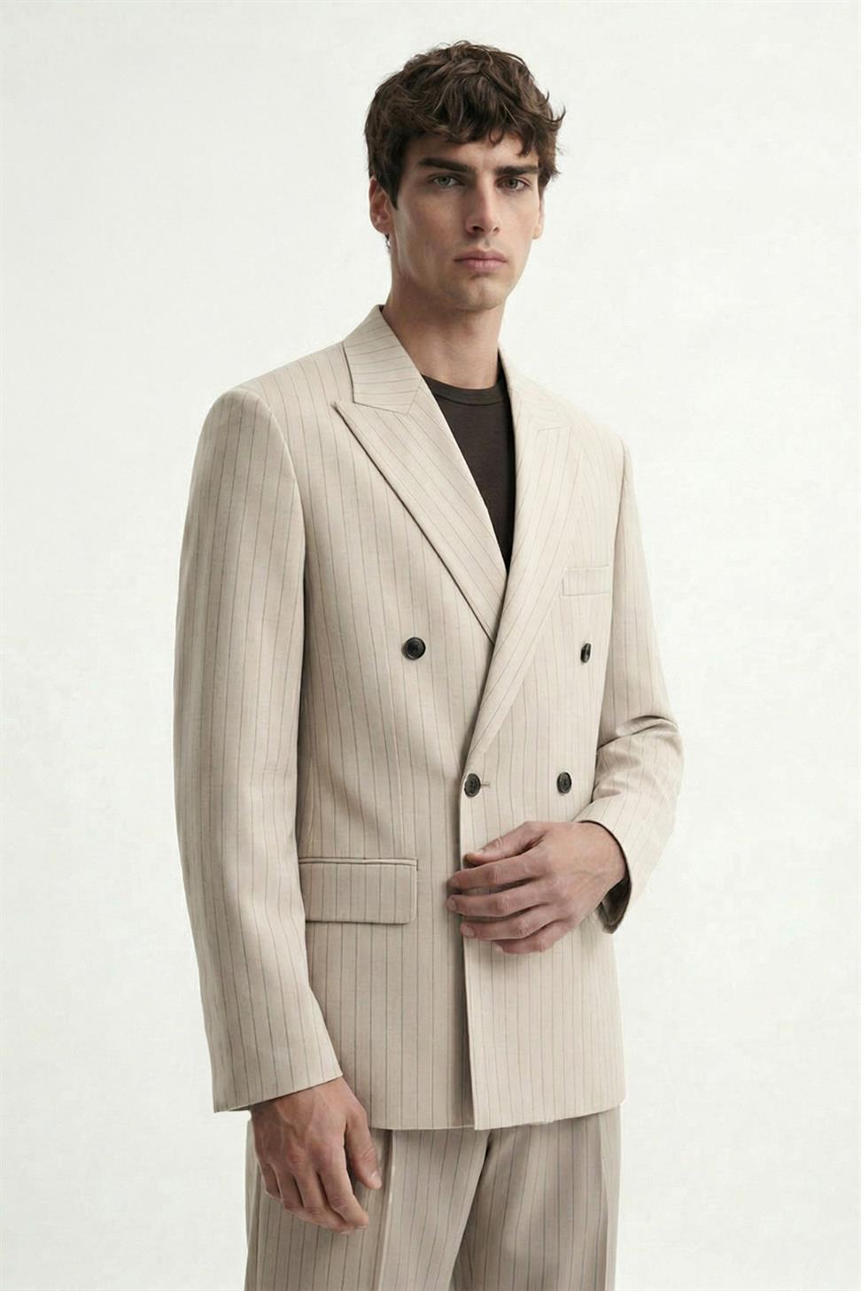 Antioch Bej Kruvaze Çizgili Erkek Takım Elbise