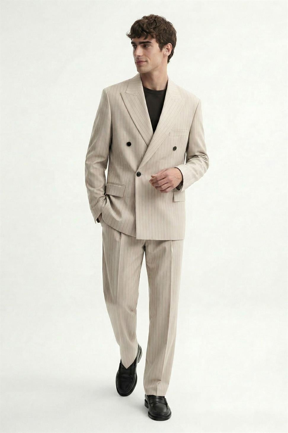 Antioch Bej Kruvaze Çizgili Erkek Takım Elbise