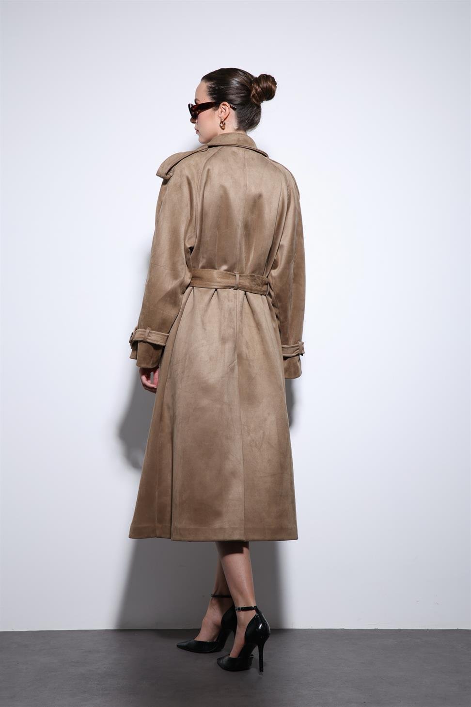 Antioch Bej Kruvaze Süet Görünümlü Premium Kadın Trençkot