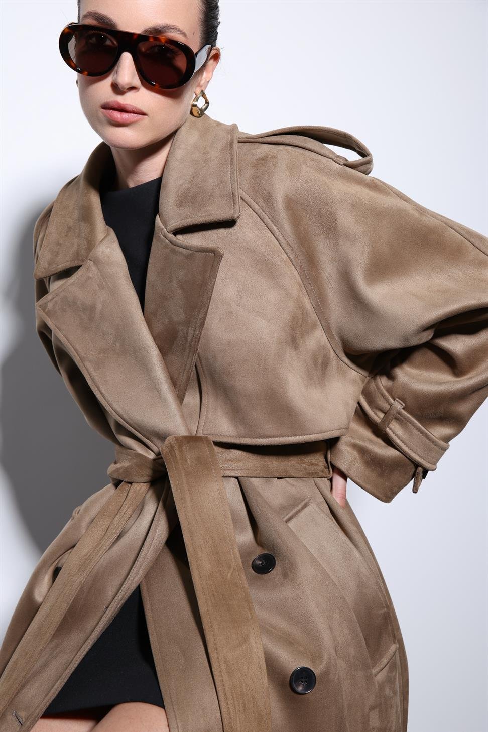 Antioch Bej Kruvaze Süet Görünümlü Premium Kadın Trençkot