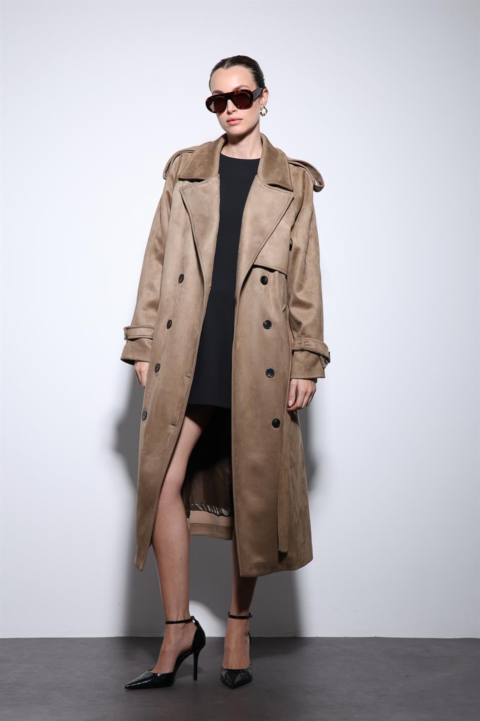 Antioch Bej Kruvaze Süet Görünümlü Premium Kadın Trençkot