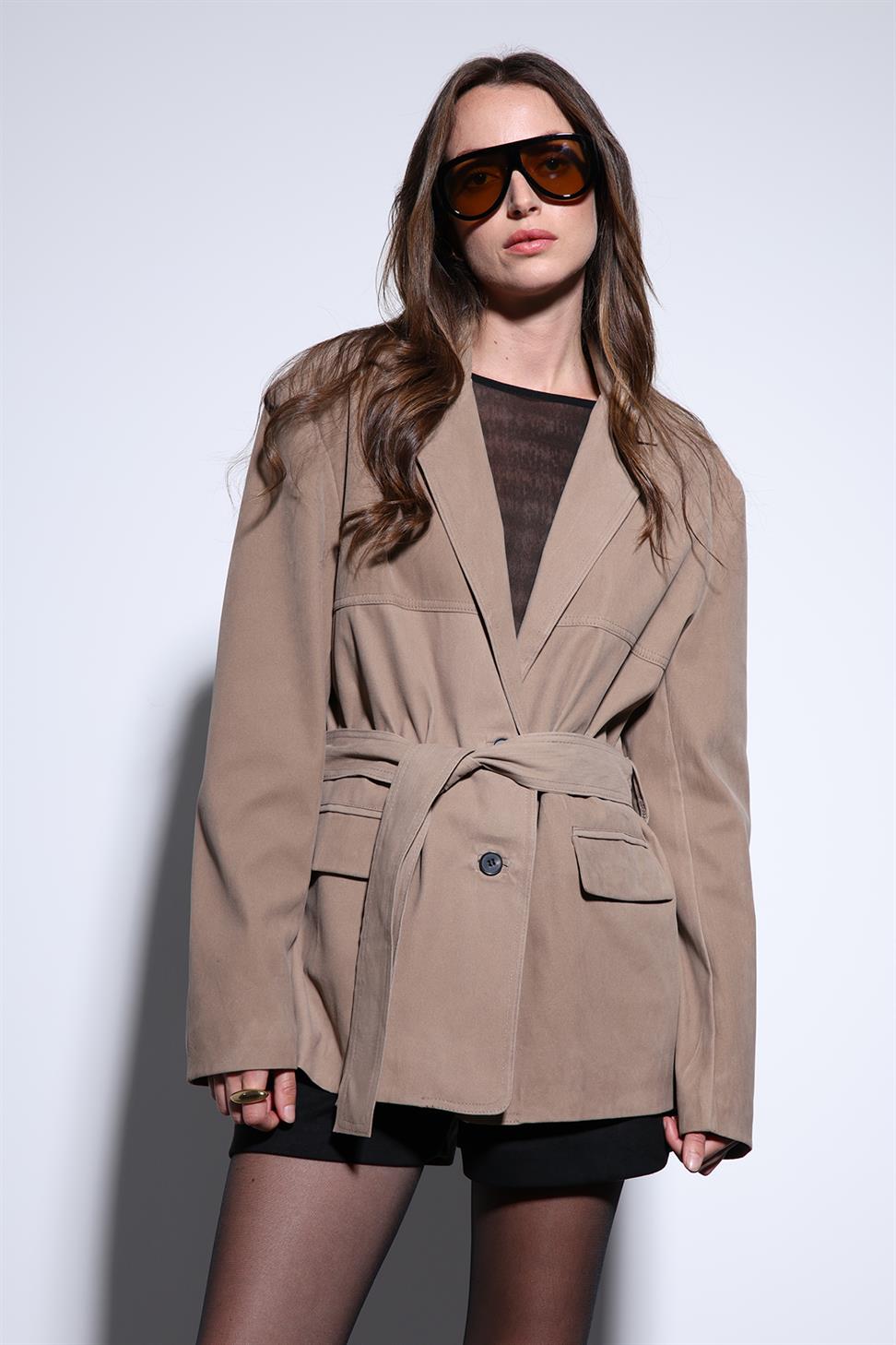 Antioch Bej Kuşak Bağlamalı Süet Kadın Ceket