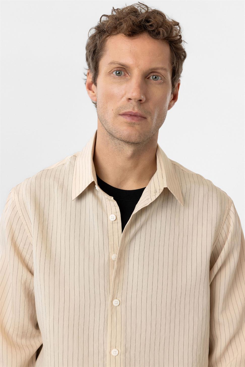 Antioch Bej Modal Kumaş Relax Fit Çizgili Erkek Gömlek