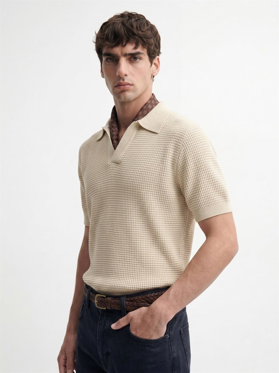 Antioch Bej Örgü Dokulu Polo Yaka Erkek T-Shirt