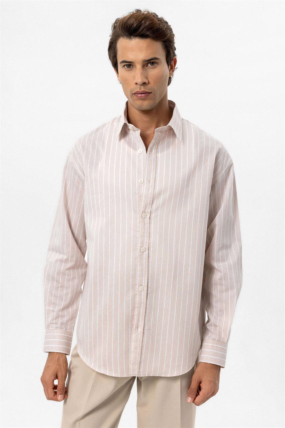 Antioch Bej Oversize Çizgili Erkek Gömlek