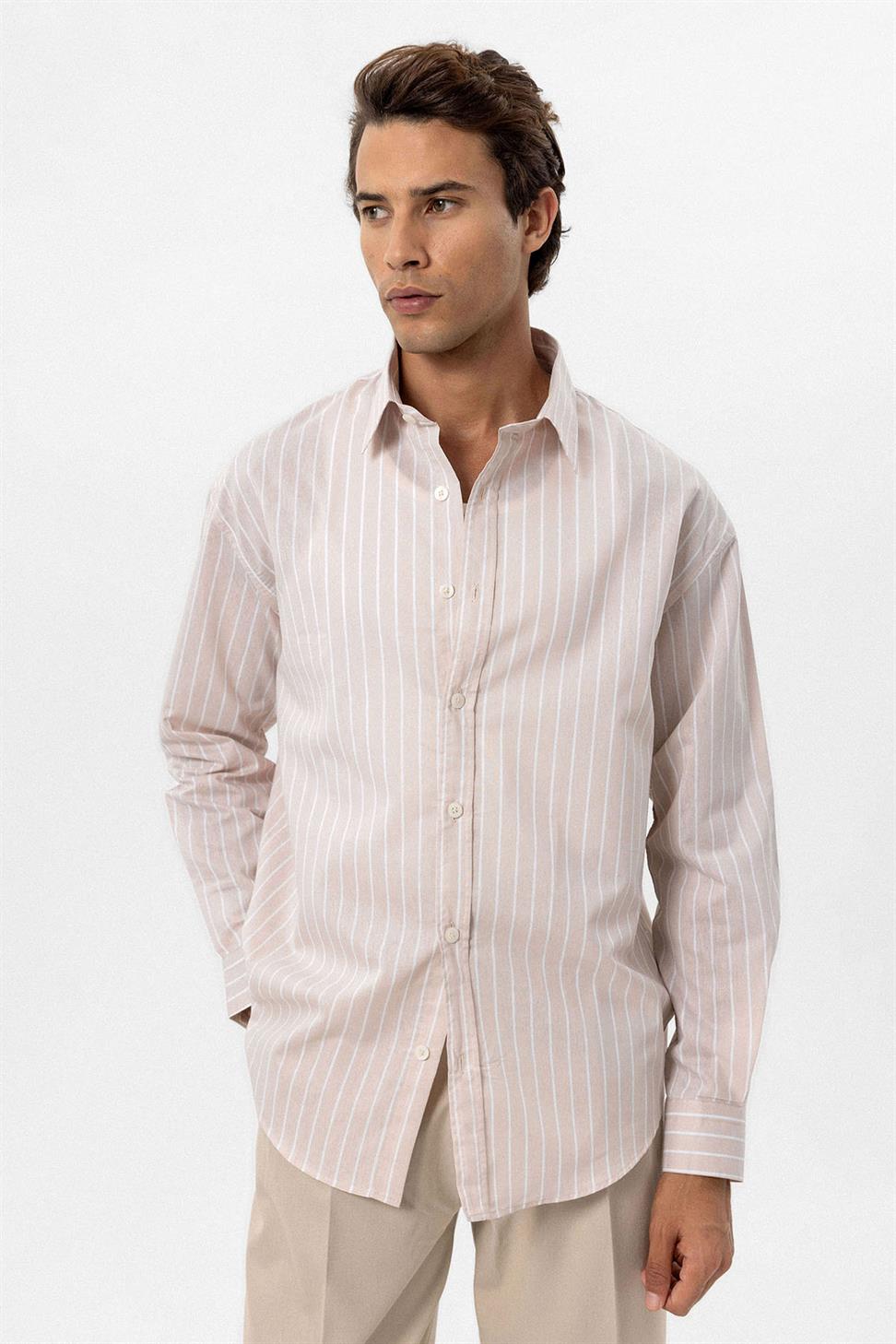 Antioch Bej Oversize Çizgili Erkek Gömlek
