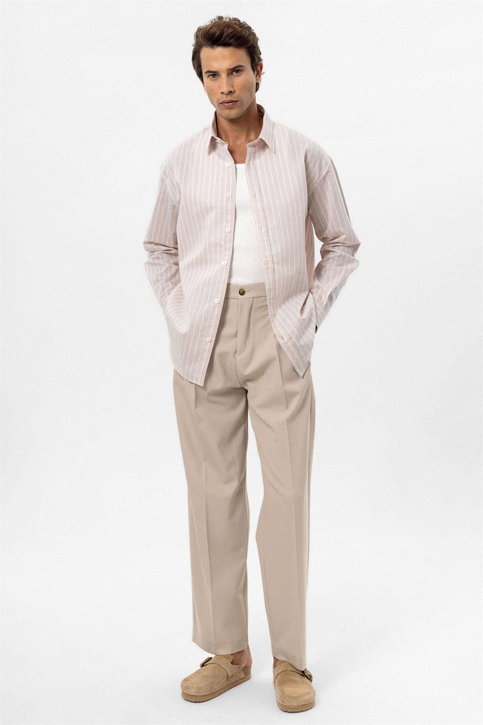 Antioch Bej Oversize Çizgili Erkek Gömlek