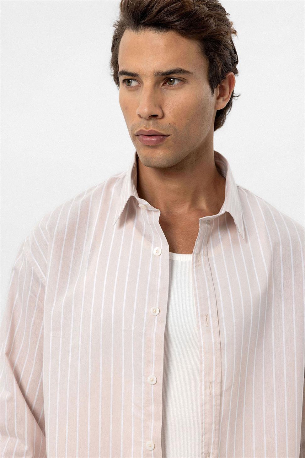 Antioch Bej Oversize Çizgili Erkek Gömlek