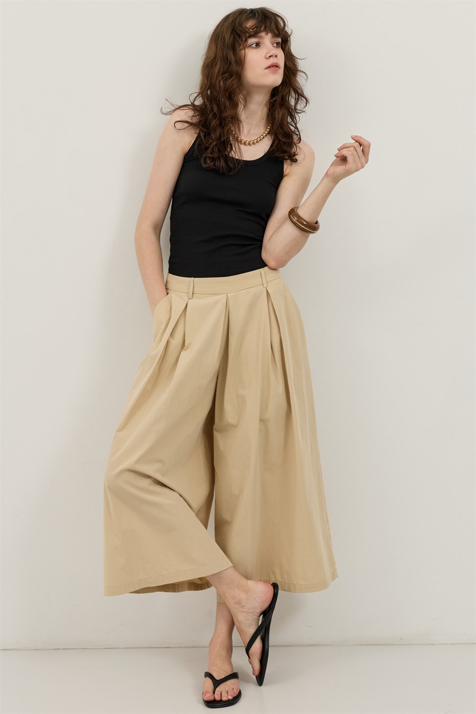 Antioch Bej Pileli Culotte Pantolon
