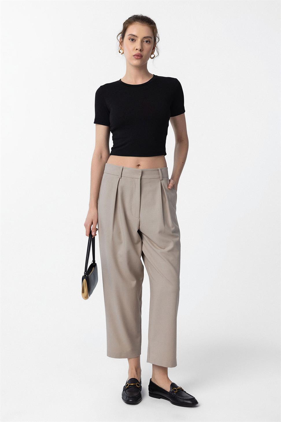 Antioch Bej Pilili Soft Bilek Boyu Kadın Pantolon