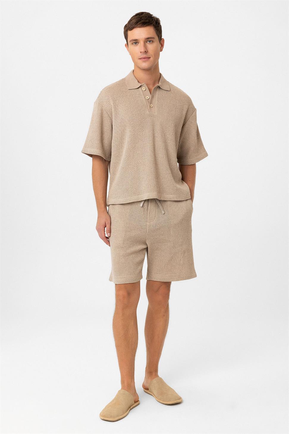 Antioch Bej Polo Yaka Dokulu Relaxed Erkek T-Shirt