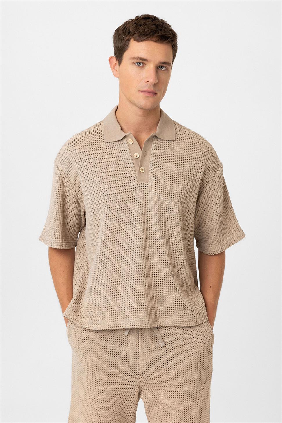 Antioch Bej Polo Yaka Dokulu Relaxed Erkek T-Shirt