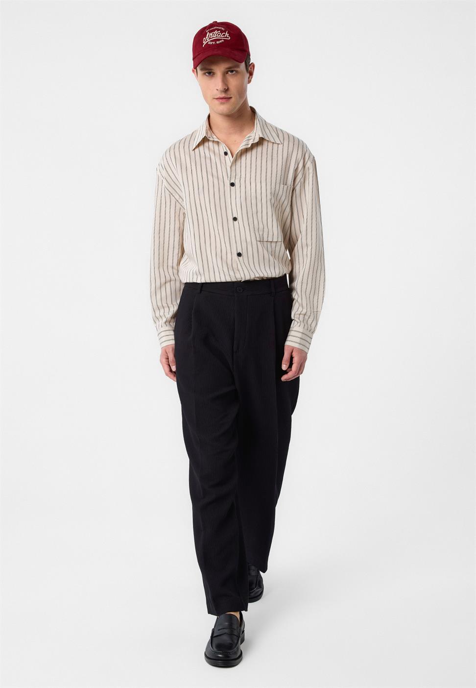 Antioch Bej Relax Fit Çizgili Erkek Gömlek