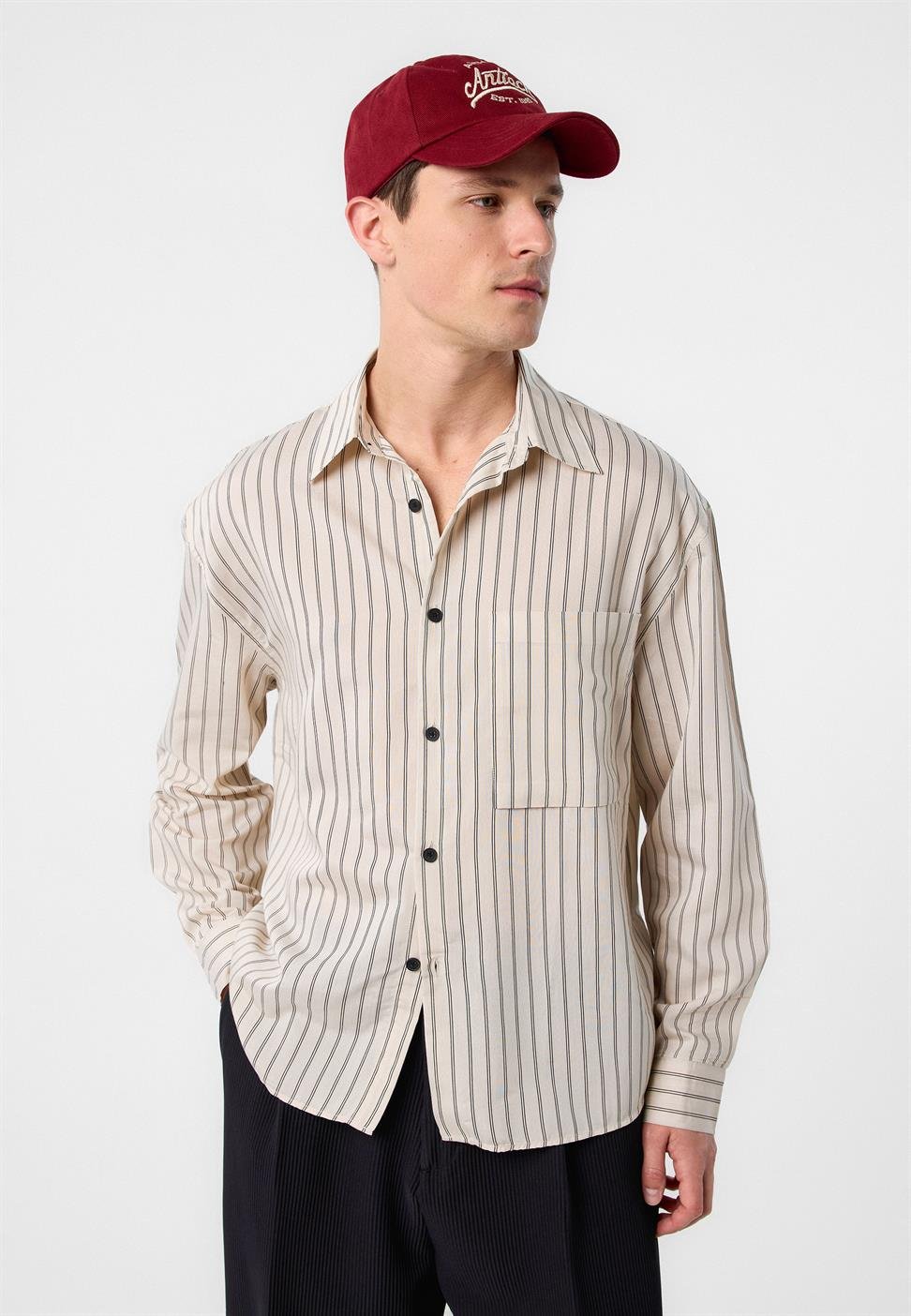 Antioch Bej Relax Fit Çizgili Erkek Gömlek