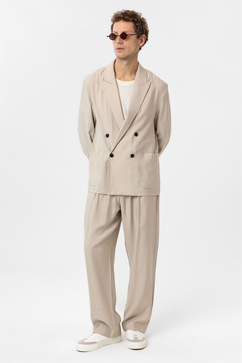 Antioch Bej Relax Fit Diagonel İnce Erkek Blazer Ceket