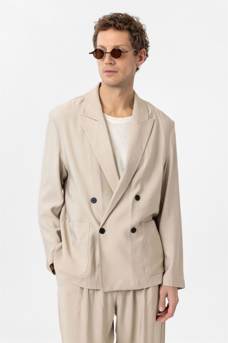 Antioch Bej Relax Fit Diagonel İnce Erkek Blazer Ceket